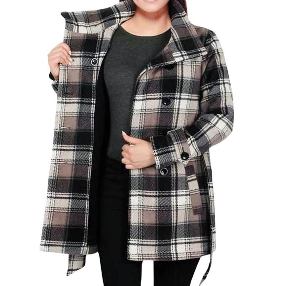 Ike Behar Plaid Double Breasted Belted Coat Jacket M Classic Preppy Academia - Picture 3 of 10